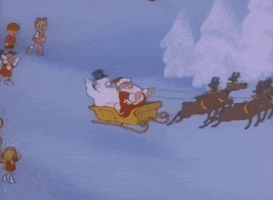 Cartoon gif. Frosty from Frosty the Snowman rides in the back of a sleigh with Santa, as four reindeer pull them, circling above a wintery landscape.