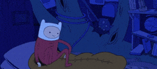 Cartoon gif. Finn the Human in Adventure Time slips into a sleeping bag and cinches it around his face in a dark room.