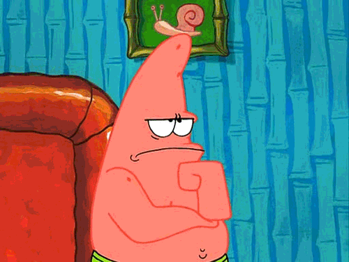 SpongeBob gif. Patrick looks perplexed as he rests his chin on his fist. SpongeBob looks troubled and then we zoom out to show them in a room together. 