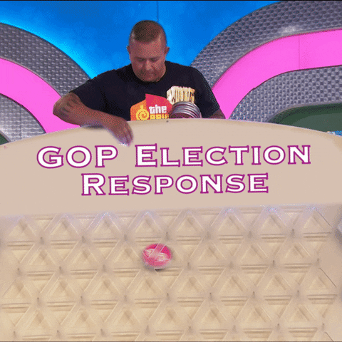 Game show gif. Contestant on The Price is Right drops a round, pink disc downward into a Plinko-style game. Text at the top reads, "GOP election response." The disc jumps around, moving towards the following six prases: “Incite violence, Lie about results, Spread false claims, Attack election officials, Try to destroy democracy, Other forms of chaos.”