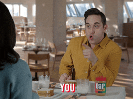 Ad gif. A man sitting with a jar of Jif peanut butter tells the person across from him, "You make me crazy!" He says each word slowly and with emphasis to showcase the truth behind his words.