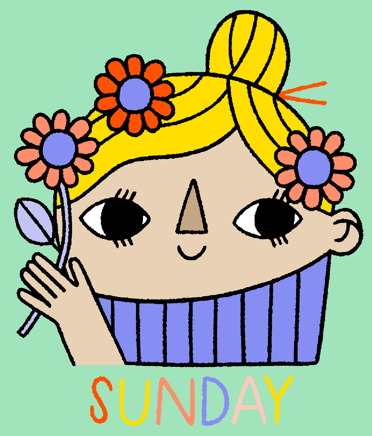 Illustrated gif. Blonde-haired cartoony girl, holding a pink daisy by her face, with daisies tucked into her hair, smiles and winks at us. Text, "Sunday."