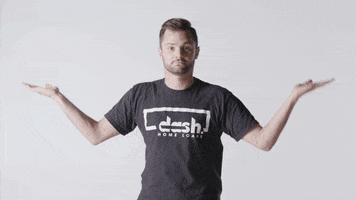 Video gif. A bearded man in a "Dash Home Loans" t-shirt holds out his arms and tilts like a scale, eventually leaning to one side.