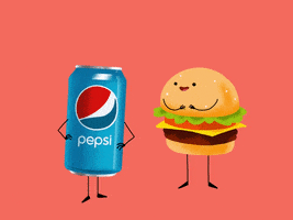 Ad gif. A cartoon Pepsi strikes a pose and sparkles, flirting with a cartoon hamburger.