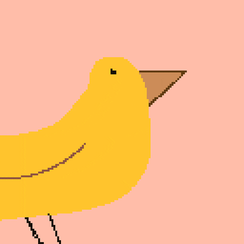 Digital art gif. A pixelated yellow bird stands calmly when suddenly, it screeches out, "Ha!" laughing while flapping its wings and widening its eyes.