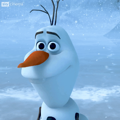 Disney gif. Olaf the snowman from Frozen claps his stick hands to his face in shock and lifts his head off of his shoulders.