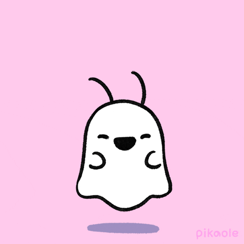 Kawaii gif. A cheerful ghost with antennae bounces up and down. Each time they rise, they toss pink hearts into the air which then disappear in a puff.