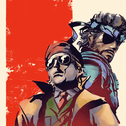 Digital art gif. Illustration of Metal Gear's Kazuhira Miller and Hideo Kojima, next to text that says, "These weapons are costing us our future. - Kazuhira Miller, Metal Gear Solid," all against a bright orange background.