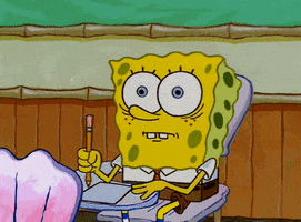Spongebob gif. SpongeBob sits at a classroom desk. His eyes are giant with fear and he stares blankly, trying to hold in his nerves. SpongeBob grips his pencil so tightly that his arm is trembling. 