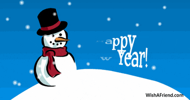 Text gif. A snowman sits in the falling snow. Text, “Happy New Year!”