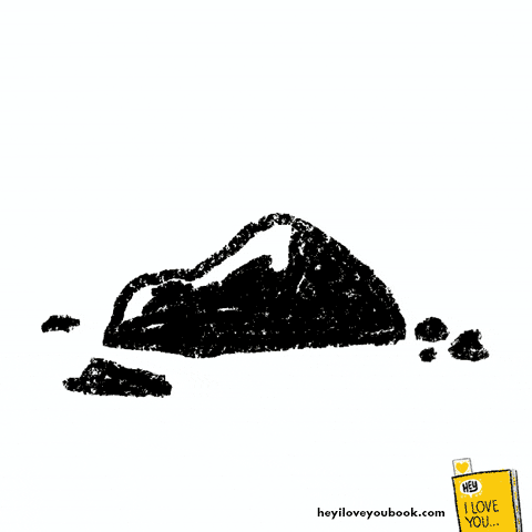 Illustrated gif. Behind a charcoal-like black mound, a hand raises a white flag with a yellow heart on it as if signaling a truce. 