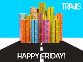 Digital art gif. We pan over a skyline of colorful buildings to a man with his face painted yellow smiling through a circle surrounded by sun rays. Text, "Happy Friday!"