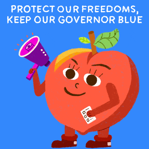 Digital art gif. Anthropomorphic peach on a periwinkle blue background holding a ballot in one hand and a bullhorn in the other. Text, "Protect our freedoms, keep our governor blue."