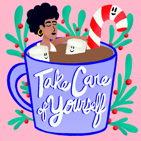 Cartoon gif. Along with two smiling marshmallows and a smiling candy cane, a relaxed woman sits in a giant blue mug of cocoa as if it were a hot tub. Sprigs of holly in the background rock back and forth. Mug text, "Take care of yourself."