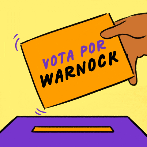 Digital art gif. Hand tipping an orange ballot that reads, in Spanish, "Vota por Warnock," into a purple ballot box.