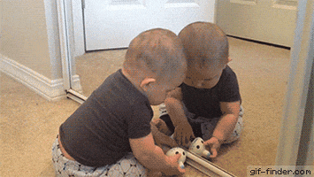 Video gif. Baby is playing with a toy in front of a mirror and he sees his reflection. He begins to push at the mirror, squabbling with himself before falling over.