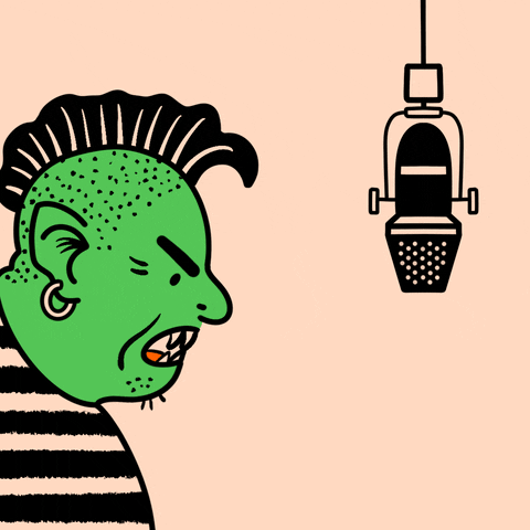 Digital art gif. Angry green troll with a mohawk and sharp teeth shouts into a microphone against a peach background. The microphone falls, and text appears, “Don’t give trolls a voice. Check the source.”

