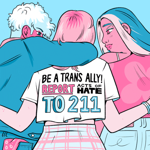 Text gif. Blue, pink, and white illustration of two friends with their arms around a third, a message on the back of their shirt reads "Be a trans ally! Report acts of hate to 211."