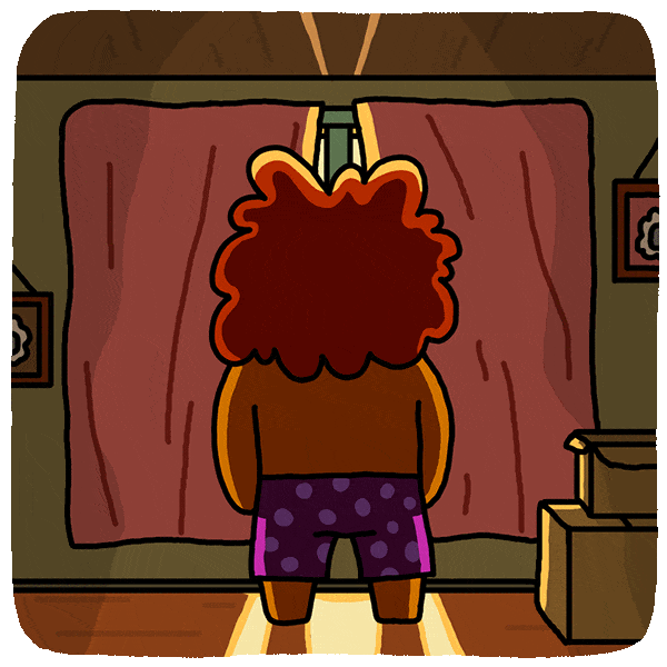 Carton gif. Lam from "Lio and Lam" is standing in their underwear in front of a window. Lam throws open the curtains and a beam of sunlight pours in, causing Lam to cover their eyes from the horrid bright light with a distressed or pained expression on their face.
