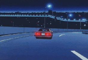 Anime gif. We see a car from behind as it drives down a highway in the dark, past street lights in Wicked City.
