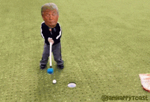 Political gif. Donald Trump's head is on a person who is mini golfing. They miss a putt of a very easy shot and Trump throws a tantrum, yelling and rolling around on the floor.