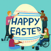 Diverse group of people painting an egg with 'Happy Easter'