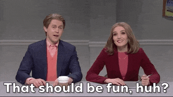 SNL gif. Alex Moffat and Chloe Fineman as newscasters. Alex turns to Chloe, tapping her elbow with his elbow, and says, "That should be fun, huh?"