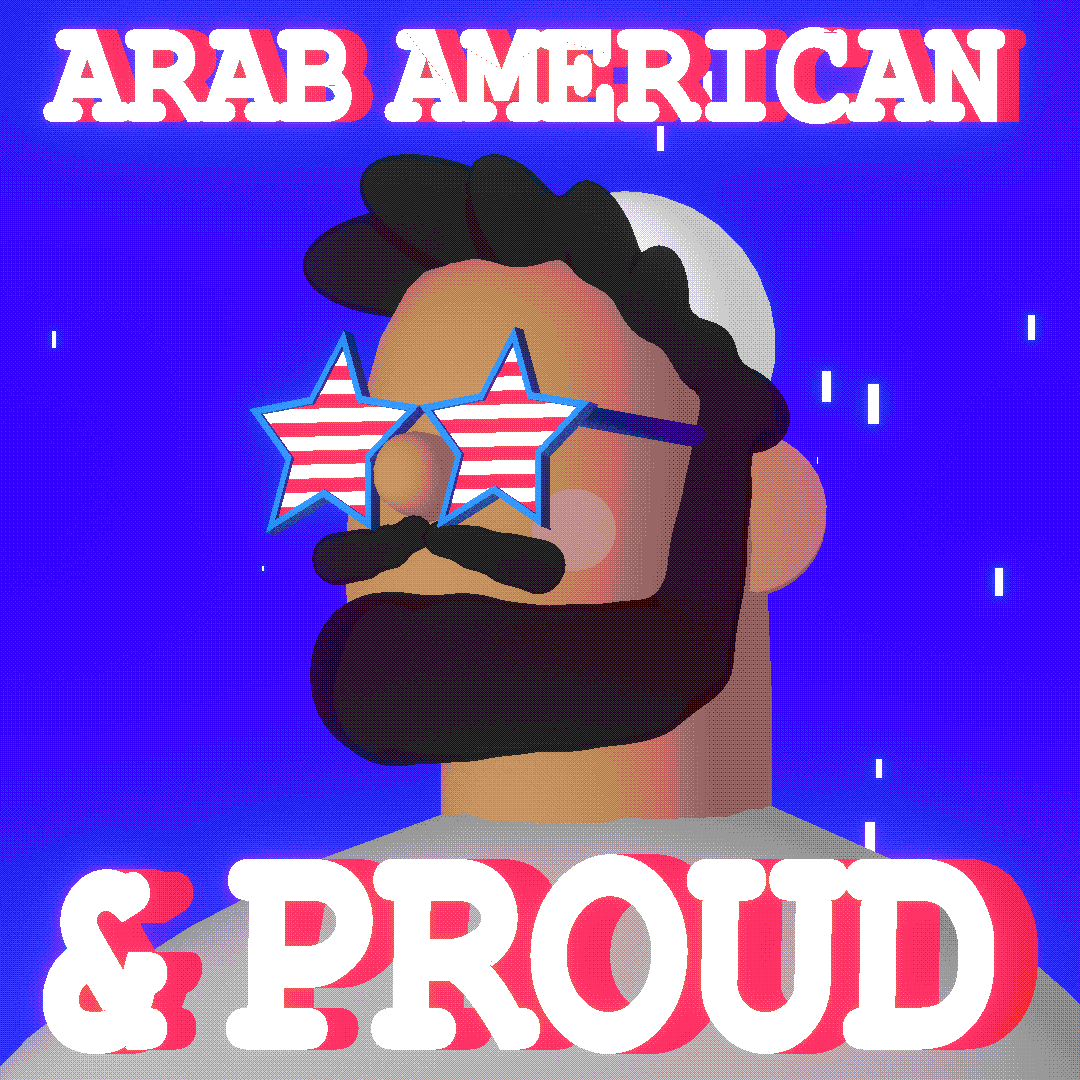 Illustrated gif. Bearded man wearing star-shaped sunglasses with red and white stripes bobs his head as white stars flash in the blue background around him. Text, "Arab American and proud."
