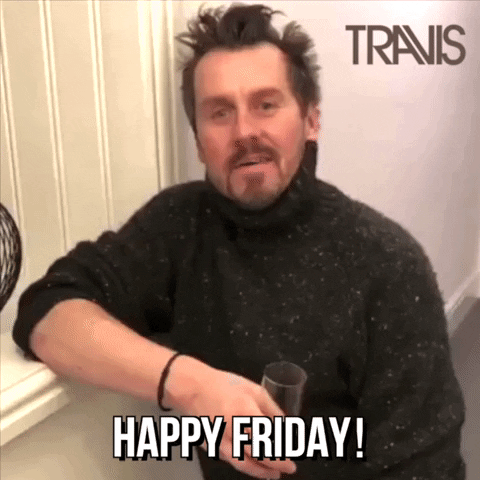 Video gif. Neil Primrose of the band Travis leans on a windowsill and raises his glass to us. Text, "Happy Friday!"