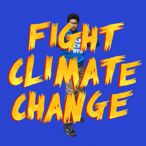 Digital art gif. Man with his fists raised karate-kicks large orange font that reads, "Fight climate change," the phrase breaking into tiny pieces, all against a bright blue background.