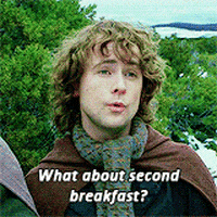 Movie gif. Billy Boyd as Pippin in The Lord of the Rings looks ahead and asks with eager curiosity. Text, "What about second breakfast?"
