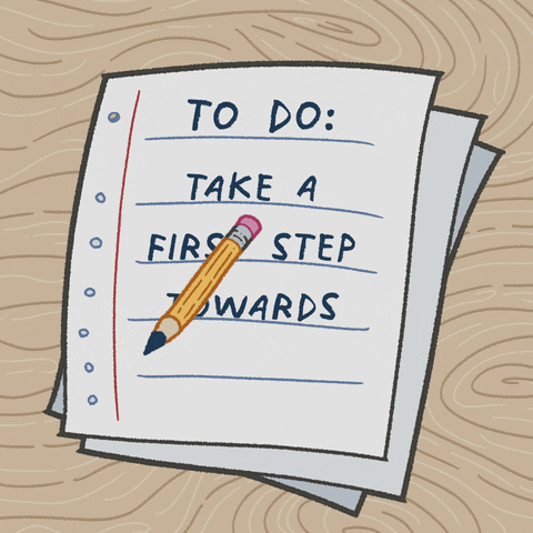 Digital art gif. Illustration of pieces of notebook paper, on which the words "To do: take a first step towards prevention," are being written with a cartoon pencil.