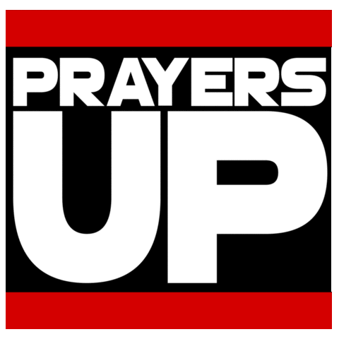 Text gif. White text on black background with a red bar on top and bottom reads "Prayers up." The praying hands emoji emerges from the bottom.