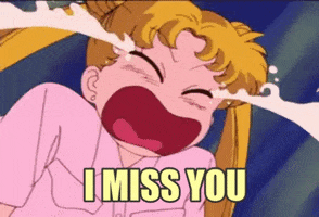 Anime gif. Sailor Moon is bawling her eyes out as tears fly outwards from her eyes, thickly and endlessly. Her eyes are scrunched with emotion and the text reads, "I miss you."