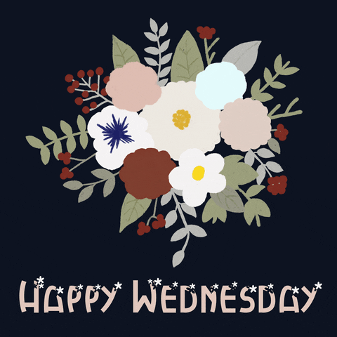Digital art gif. A bundle of autumn flowers are on a navy background and the text reads, "Happy Wednesday."