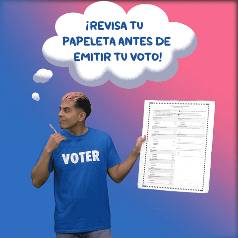 Video gif. Man wearing a blue shirt with the word “Voter” holds a giant ballot in his hand against a blue and pink background. He taps his pen on his chin and scratches his head quizzically. Above him in a thought bubble is the text, “Revisa tu papeleta antes de emitir tu voto!”