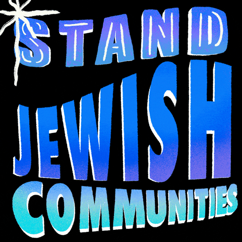 Text gif. Bold, stylized blue letters sparkle and gleam on a black background reading, "Stand with Jewish communities."