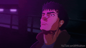 Anime gif. Guts from Berserk stands in a dark room with his head tilted up and his eyes are heavy as he contemplates. He blinks and looks tired, but ready.