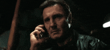 Movie gif. Liam Neeson as Bryan from Taken, phone to his ear, looks into the distance menacingly as he says, "Good luck." We might surmise that he isn't really wishing them the best of luck.