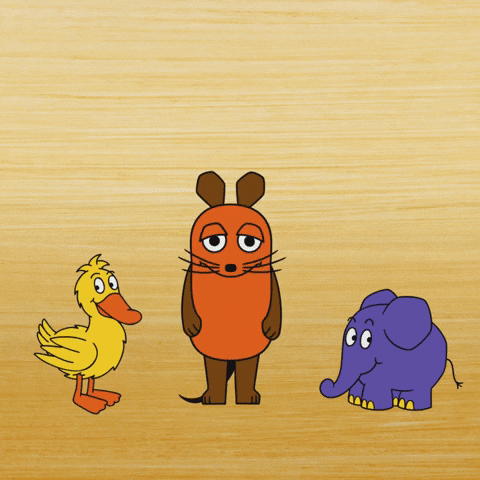 Cartoon gif. Yellow duck, orange mouse, and purple elephant all look at each other as the elephant proudly shoots confetti out of its trunk and into the air. Duck and mouse throw their hands up like they are filled with joy. 