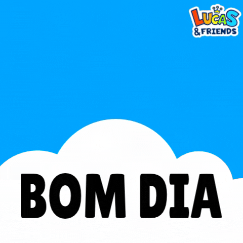 Cartoon gif. A smiling yellow sun rises above a fluffy white cloud against a blue sky. Written on the cloud, black text reads, "Bom dia."