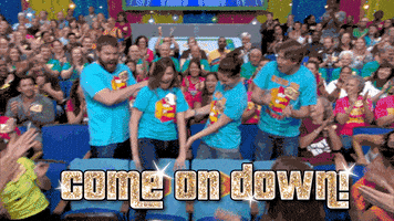 TV gif. Four excited young people in blue t-shirts climb through the audience of The Price is Right as they're told to: Flashing gold text, "Come on down!"