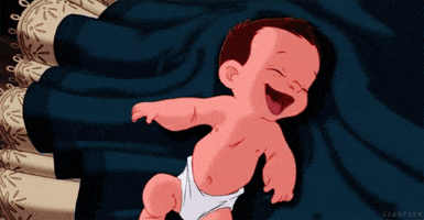 Cartoon gif. Baby Tarzan smiles and squirms while laying on a blue blanket with his arms outstretched.