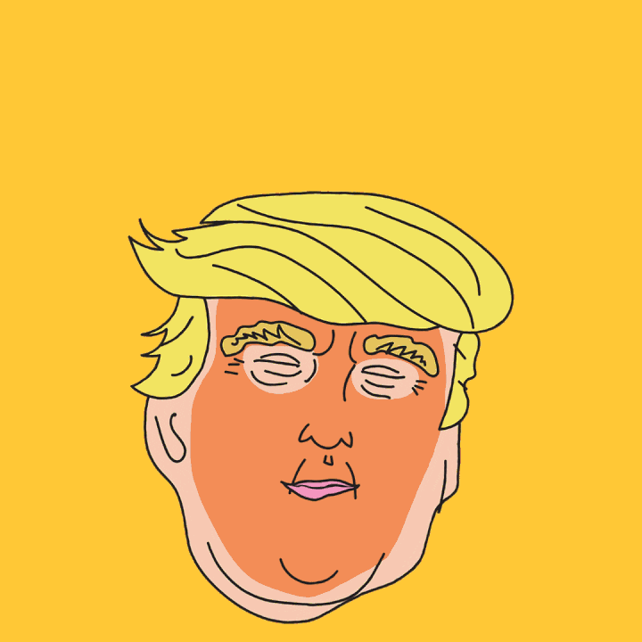 Illustrated gif. Donald Trump blinking and talking, the Twitter logo flying out of his mouth and overhead, pooping on him as it goes by.