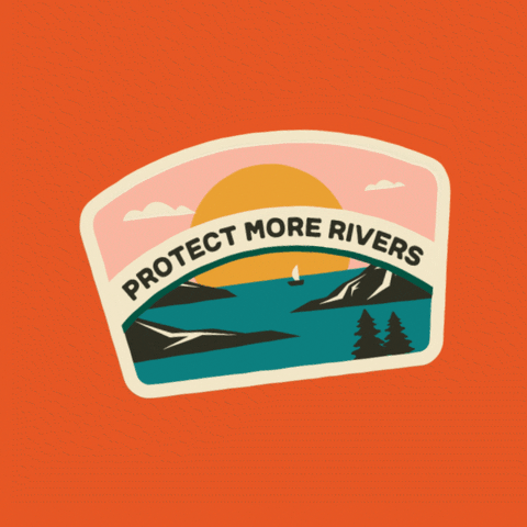 Digital art gif. Large sticker lifts one edge and puts it back down on an orange background; the sticker shows an image of a river with several islands against a rising sun with the text "Protect more rivers."