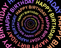 Text gif. In colorful, flashing concentric circles, on a black background, text reads "Happy birthday."
