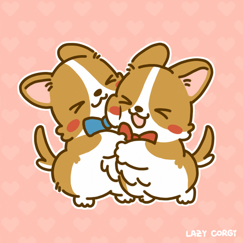 Cartoon gif. Two cute corgis wearing bow ties squinting while hugging and rubbing their faces on each other, against a pale pink background with floating hearts.