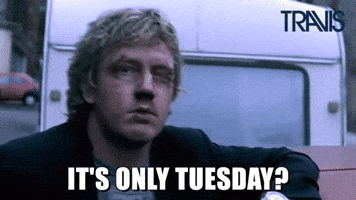 Celebrity gif. Andy Dunlop from the band Travis leans on the side of a truck with a bruised and swollen face. Text, "It's only Tuesday?"