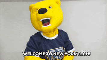 Video gif. New York Institute of Technology mascot Roary the Bear spreads its arms and gives us a "come on in!" wave. Text: "Welcome to New York Tech!"