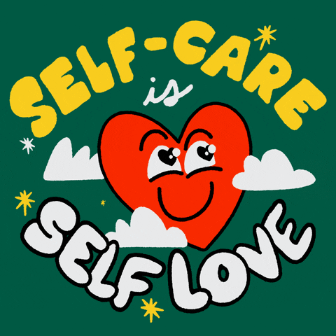 Text gif. Smiling heart with hearts in its eyes, surrounded by twinkling stars, on a green background looks at the words "Self-care is self love."